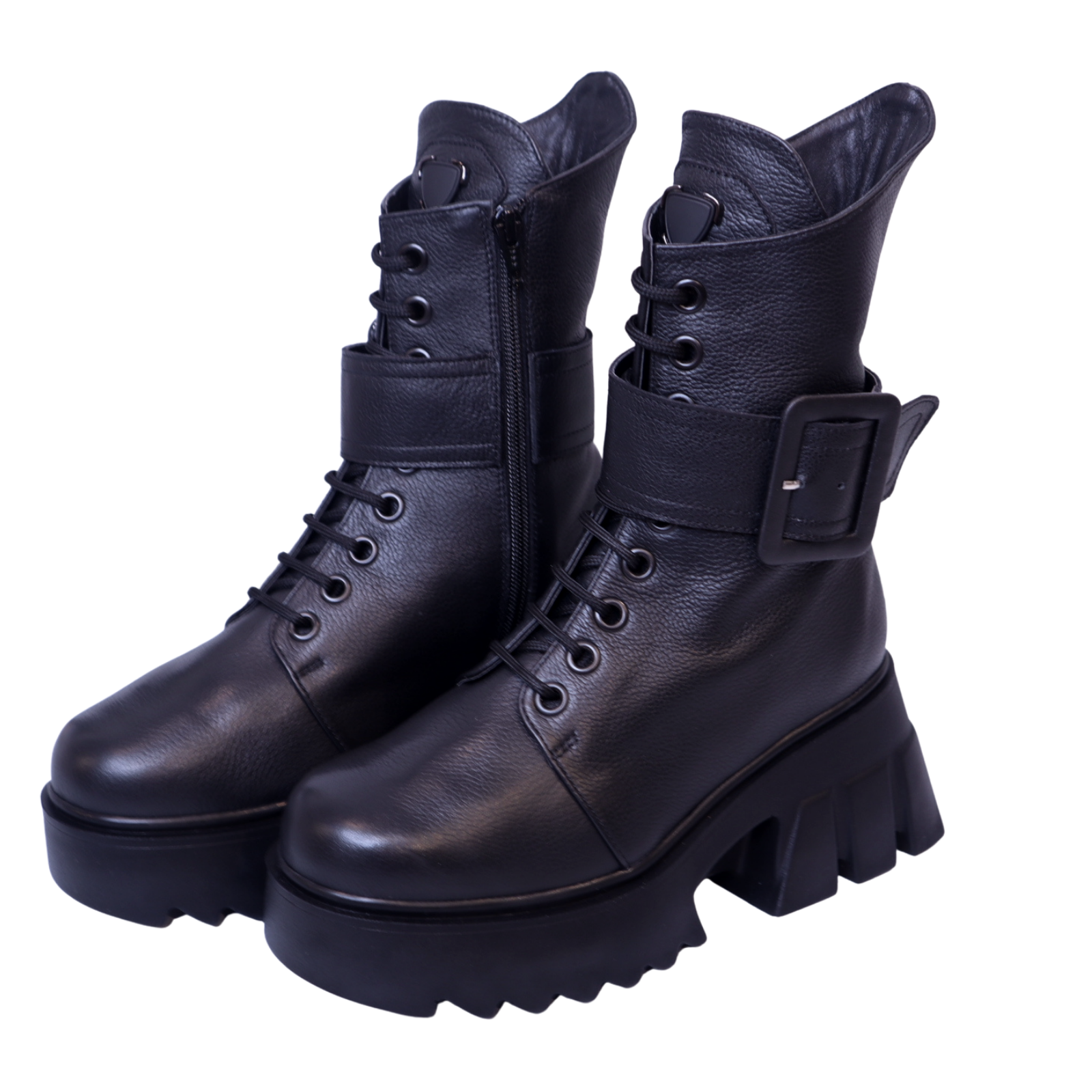 Black Short Boots Natural Leather Black Buckle