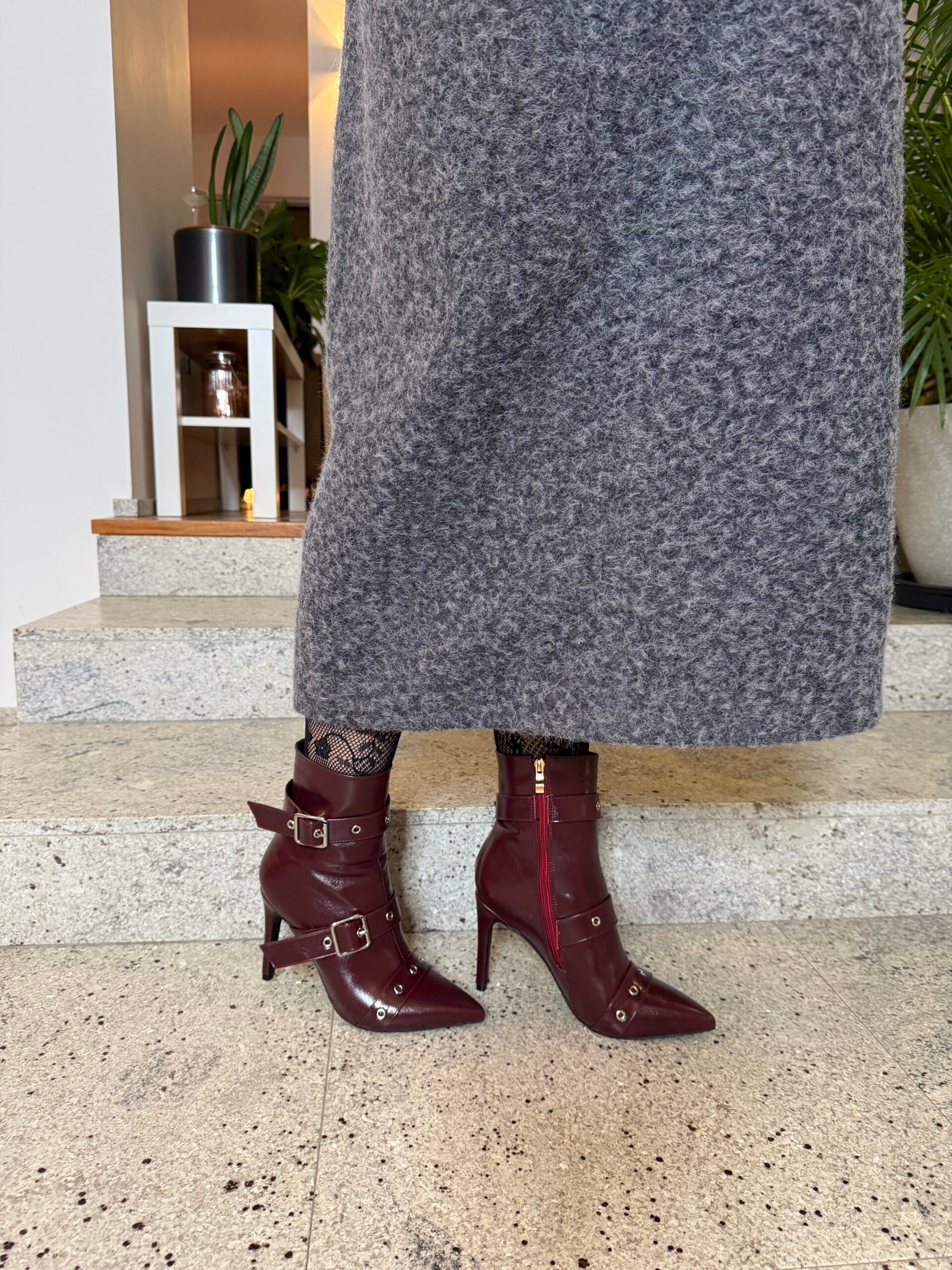 Burgundy Ankle Boots with Buckle Straps