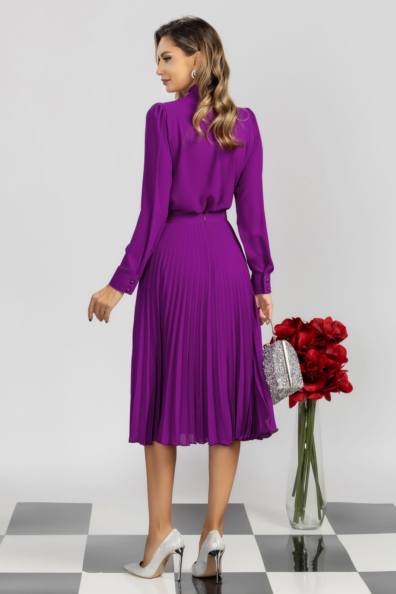 Magenta Midi A-Line Skirt In Pleated Chiffon With A Crystal Accent At The Waist.