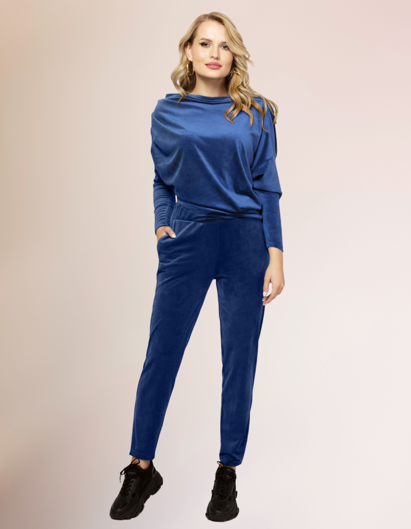 Blue 2 Pieces Velvet Set Dropped Shoulder