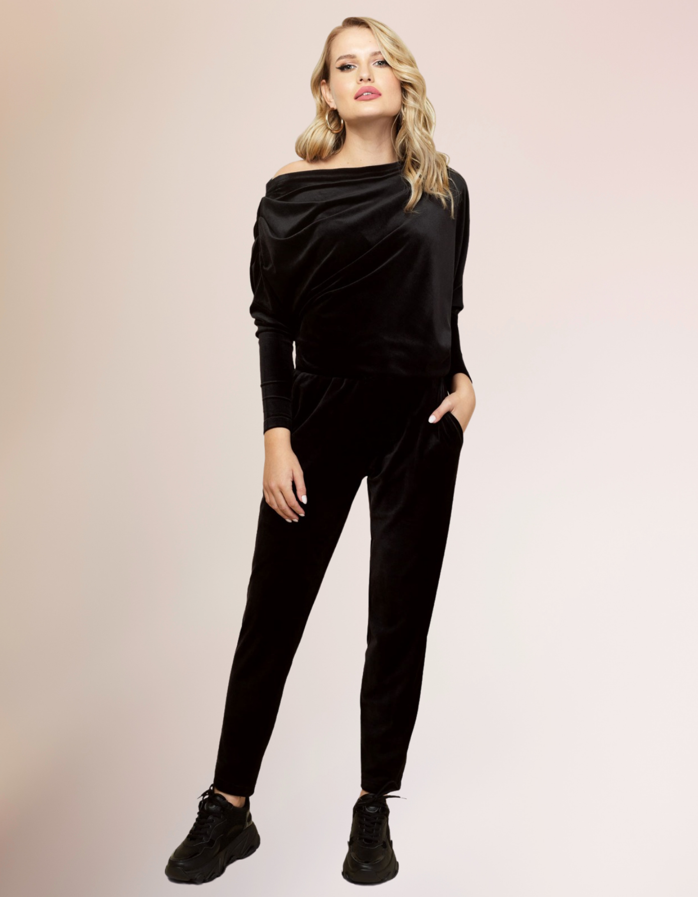 Black 2 Pieces Velvet Set Dropped Shoulder