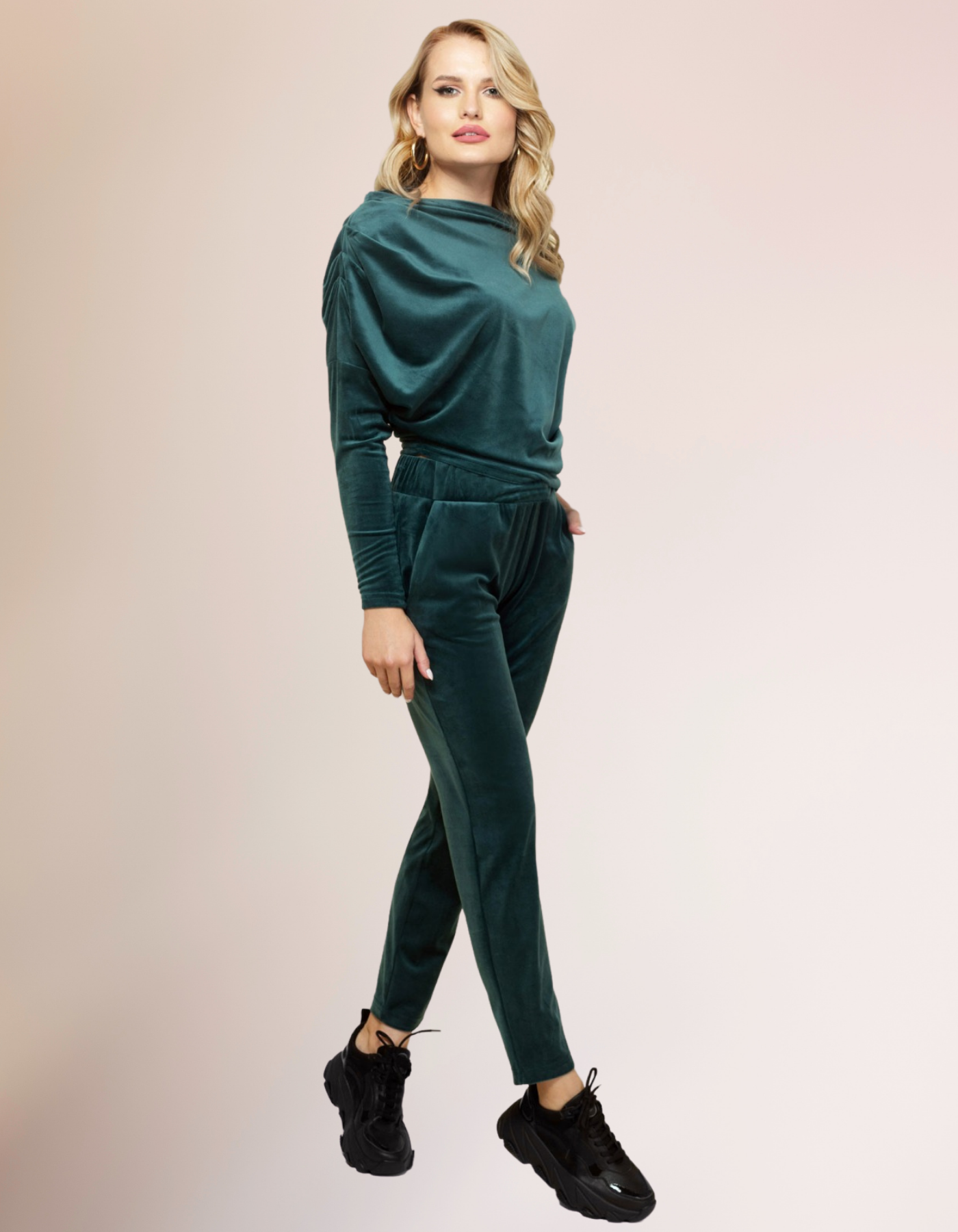 Emerald Green 2 Pieces Velvet Set Dropped Shoulder