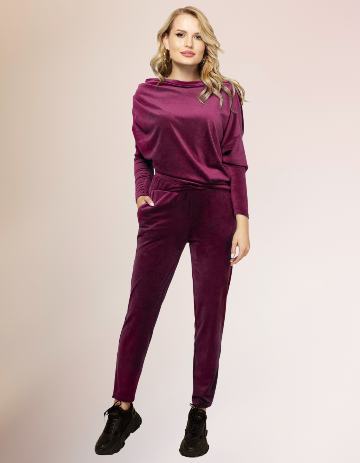 Burgundy 2 Pieces Velvet Set Dropped Shoulder