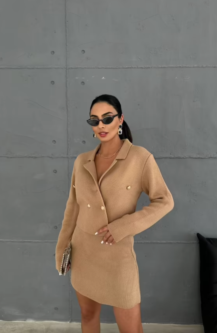 Elegant Brown Knit Blazer and Skirt Set