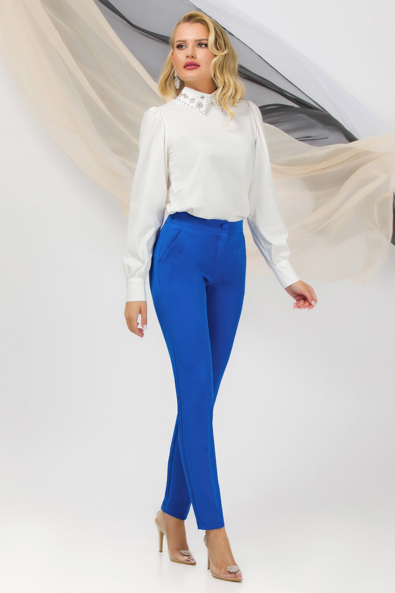 Blue Office Pants With Decorative Pocket Cut