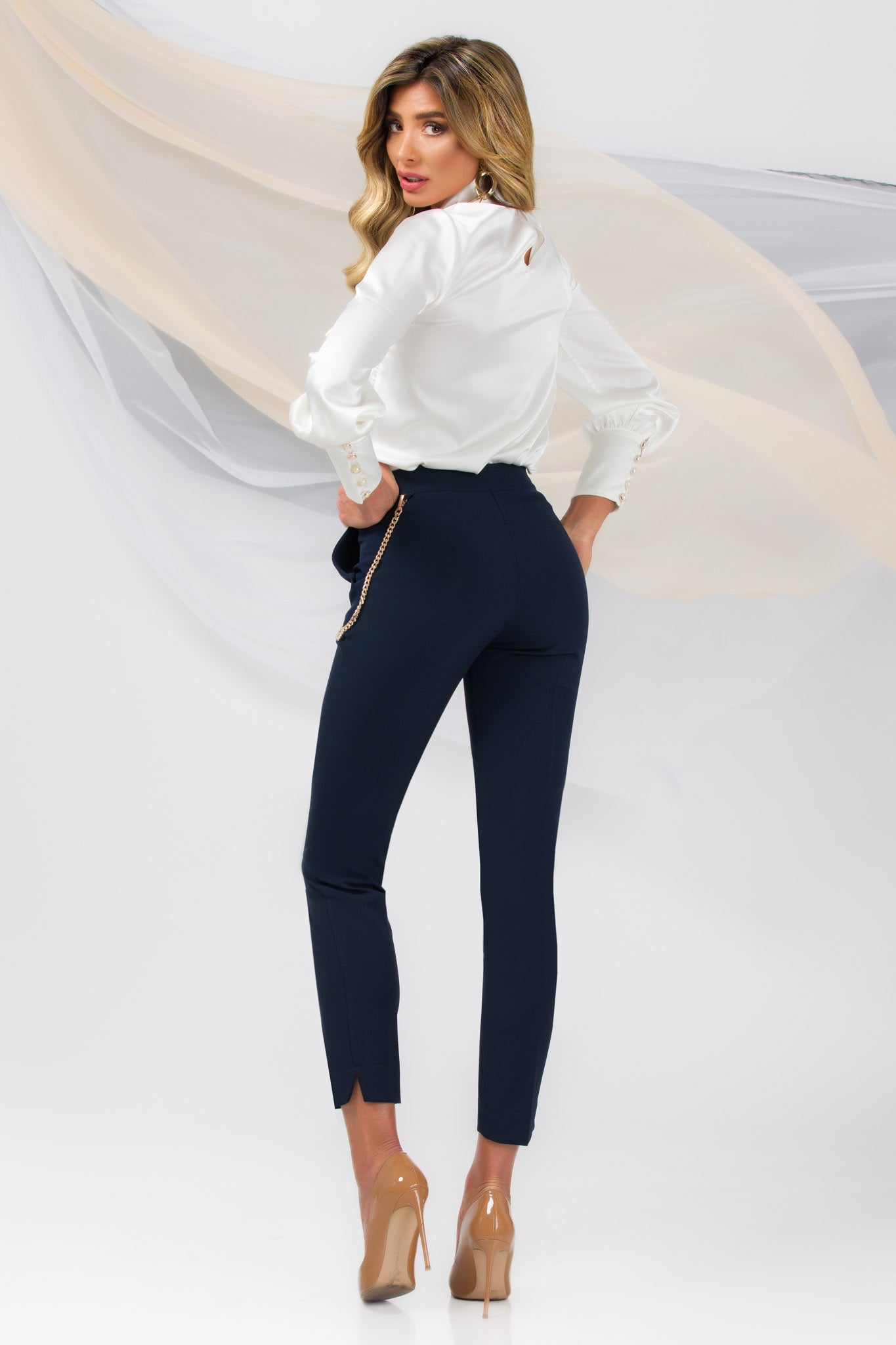 Dark Blue Office Pants With Side Slit And Detachable Chain