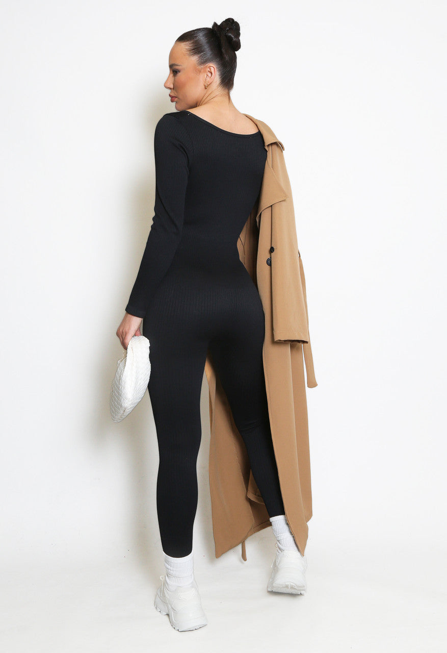 Long Black Sleeve Ribbed Unitard