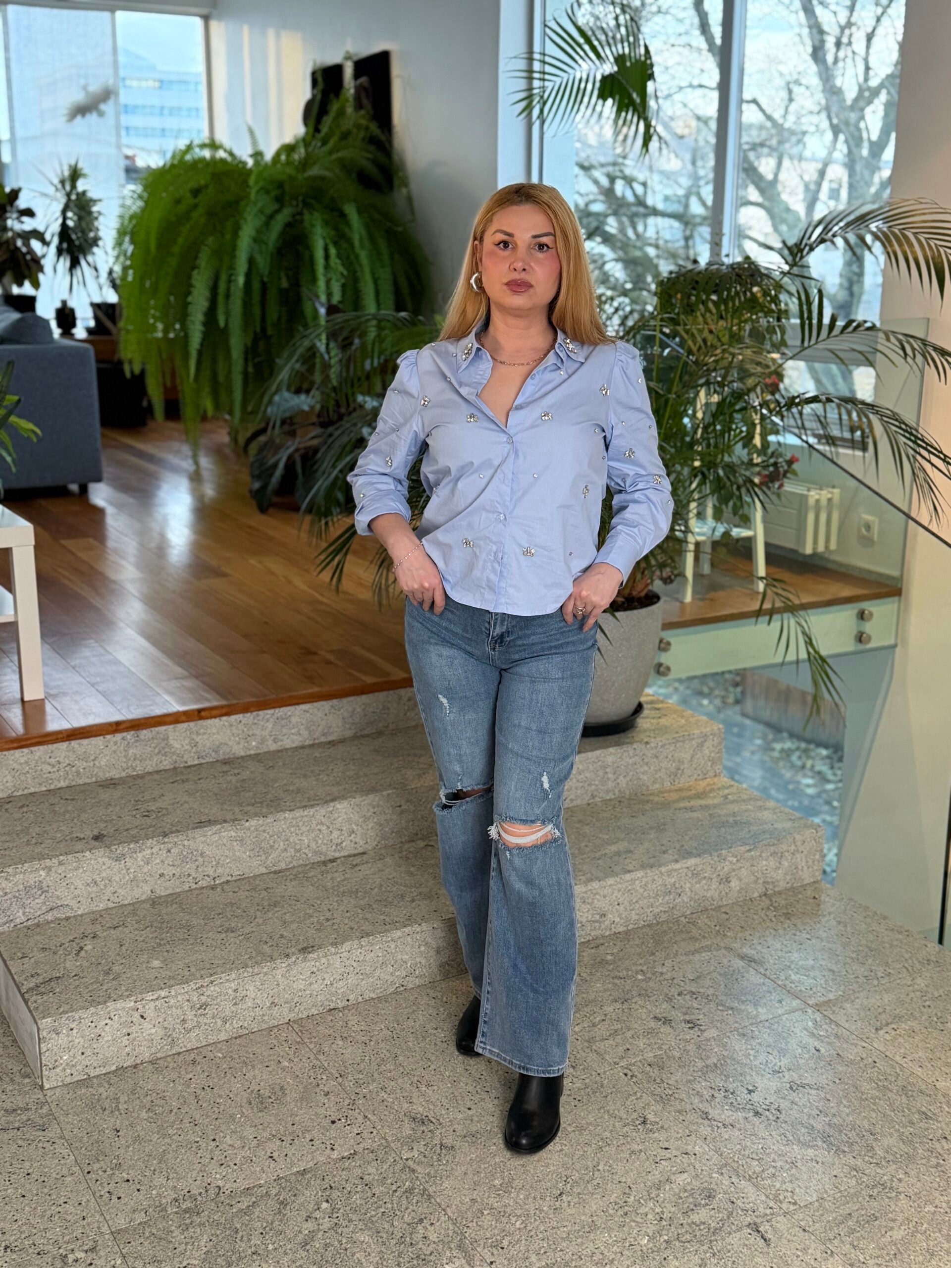 Blue High-Waisted Distressed Wide-Leg Jeans