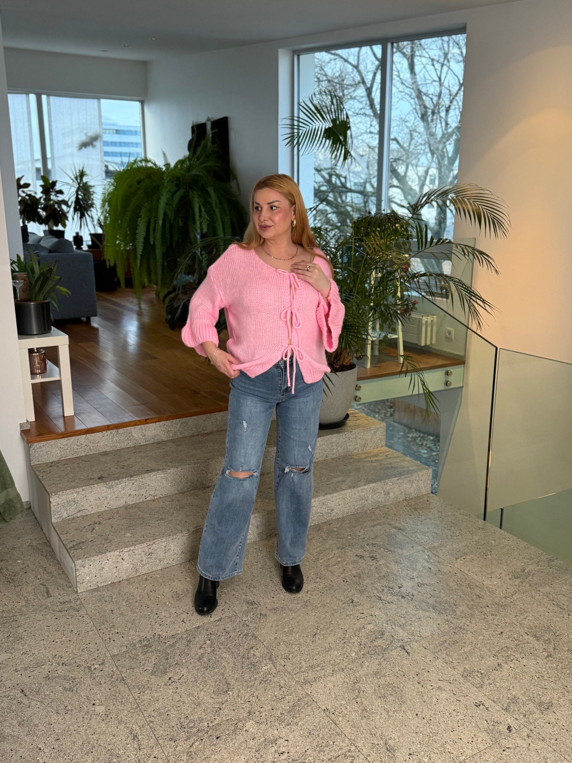 Blue High-Waisted Distressed Wide-Leg Jeans