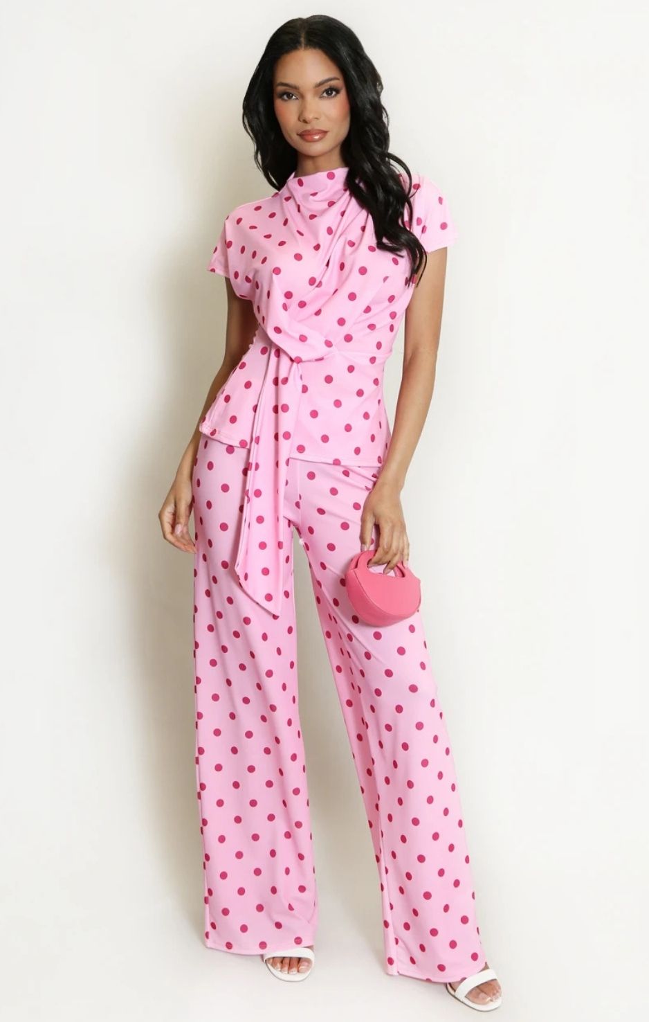 Pink Polka Dot Wrap Top & Straight-Leg Trouser Set