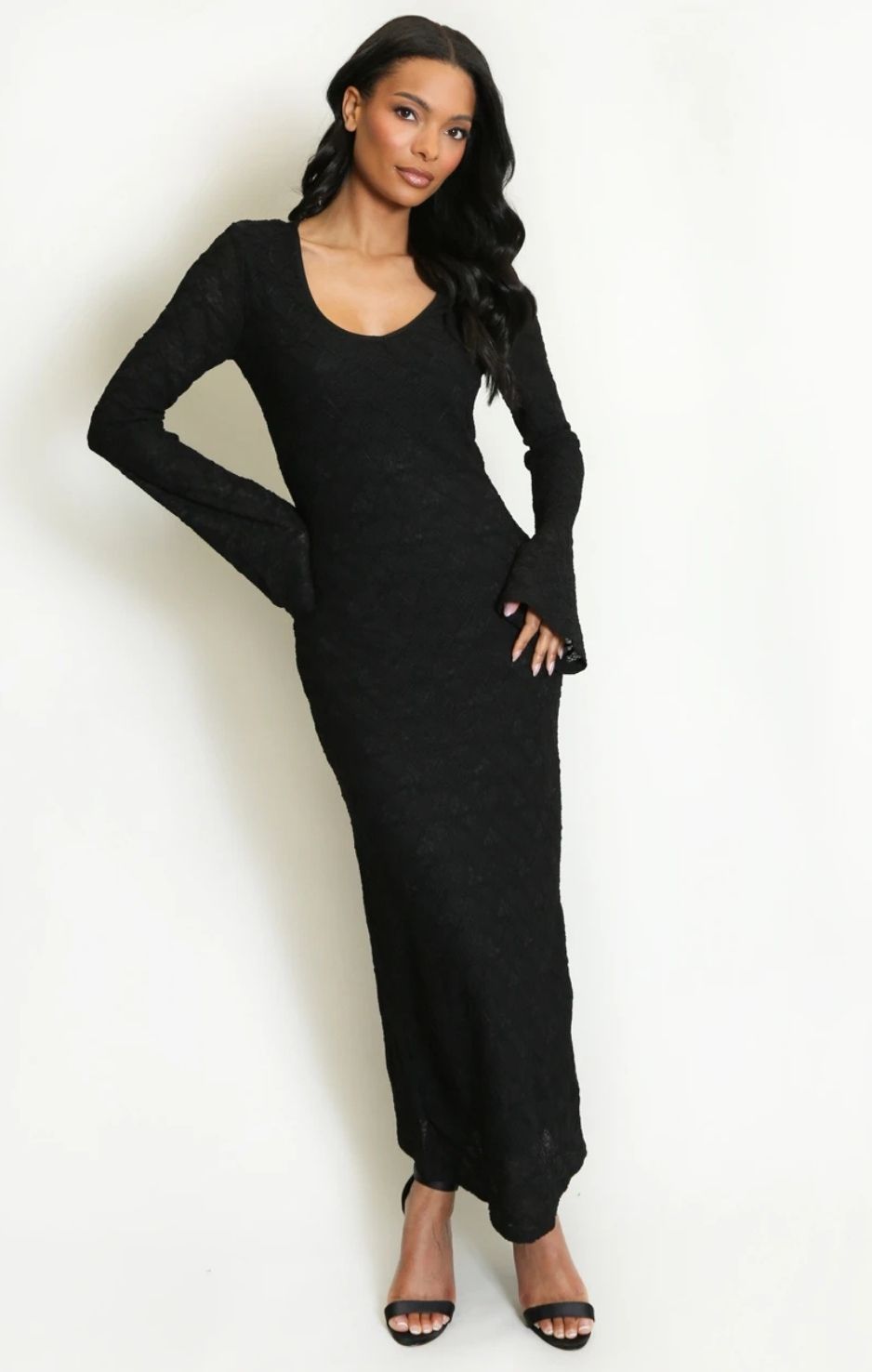 Black Textured Maxi Dress with V-Neck