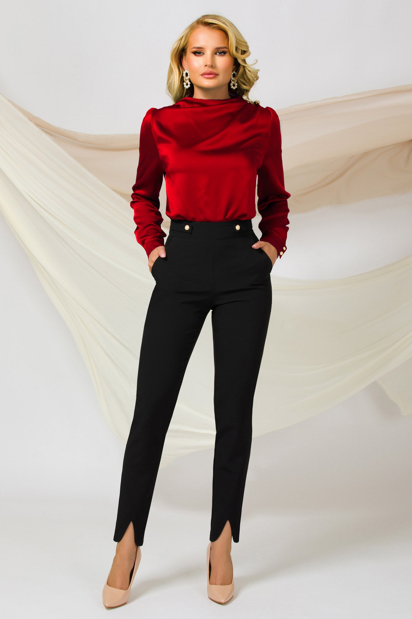 Elegant Red Blouse With Pleats And Pearl Buttons On The Left Shoulder