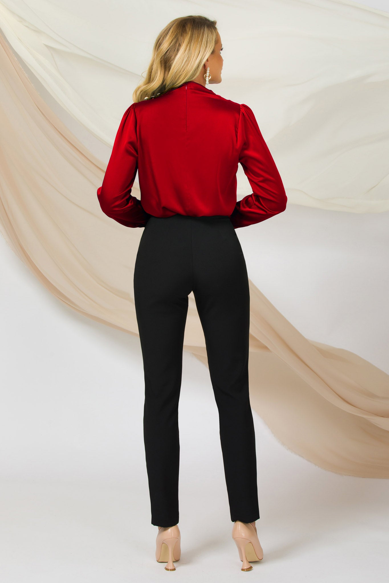 Elegant Red Blouse With Pleats And Pearl Buttons On The Left Shoulder