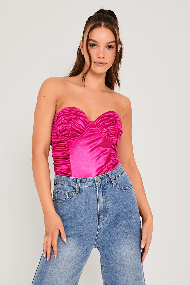 Fuchsia bodysuit Stretch Satin Ruched 