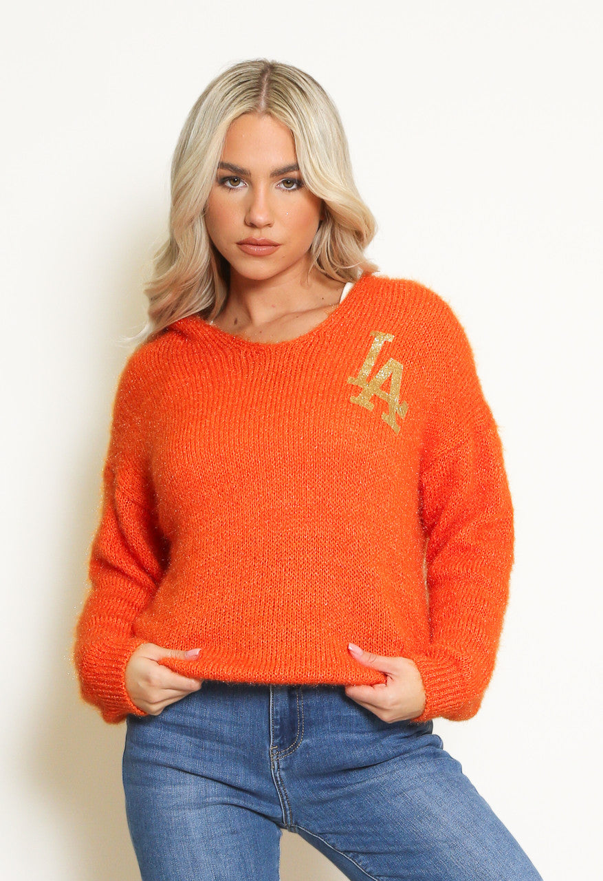Orange Knitted Hoodie With LA Motif