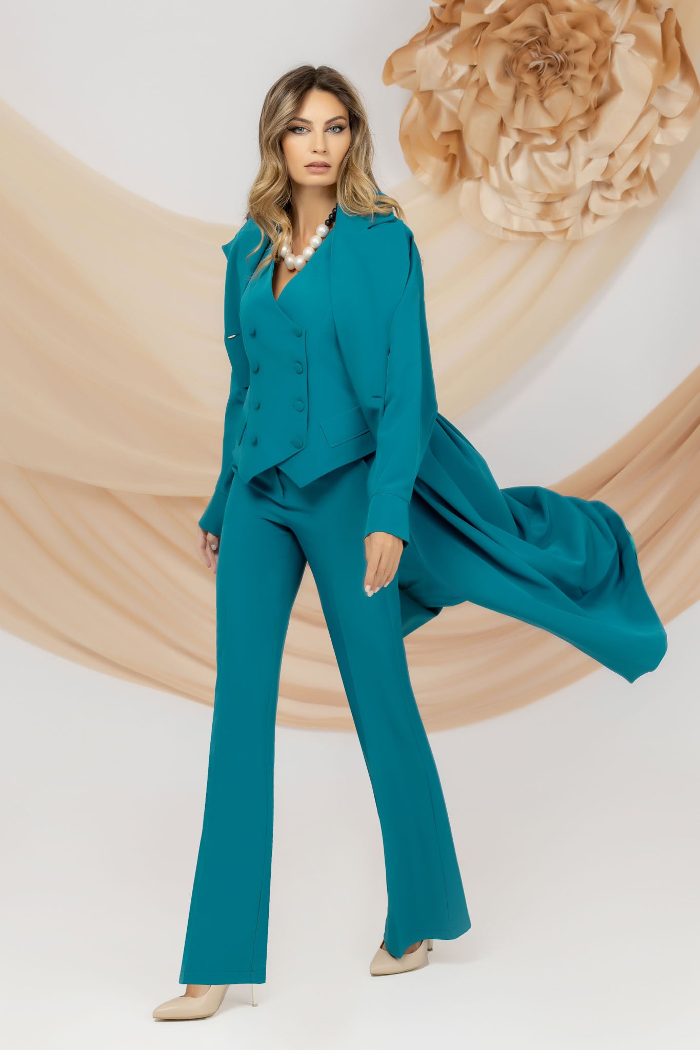Turquoise Overcoat Cambered With Two Rows Of Buttons
