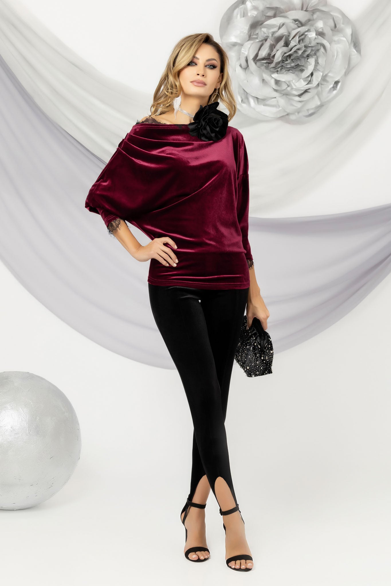 Burgundy Asymmetric Velvet Lace Blouse