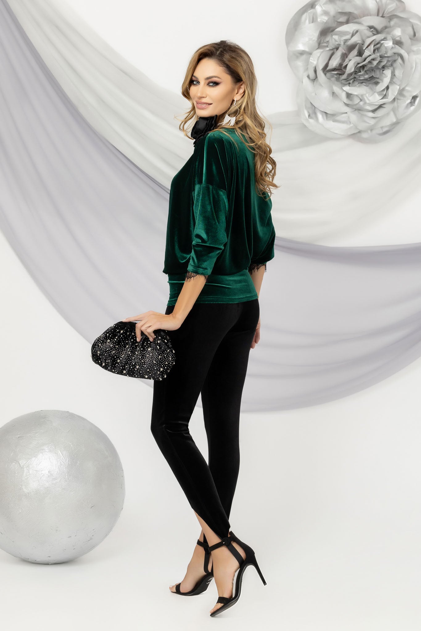 Green Asymmetrical Velvet Lace Blouse