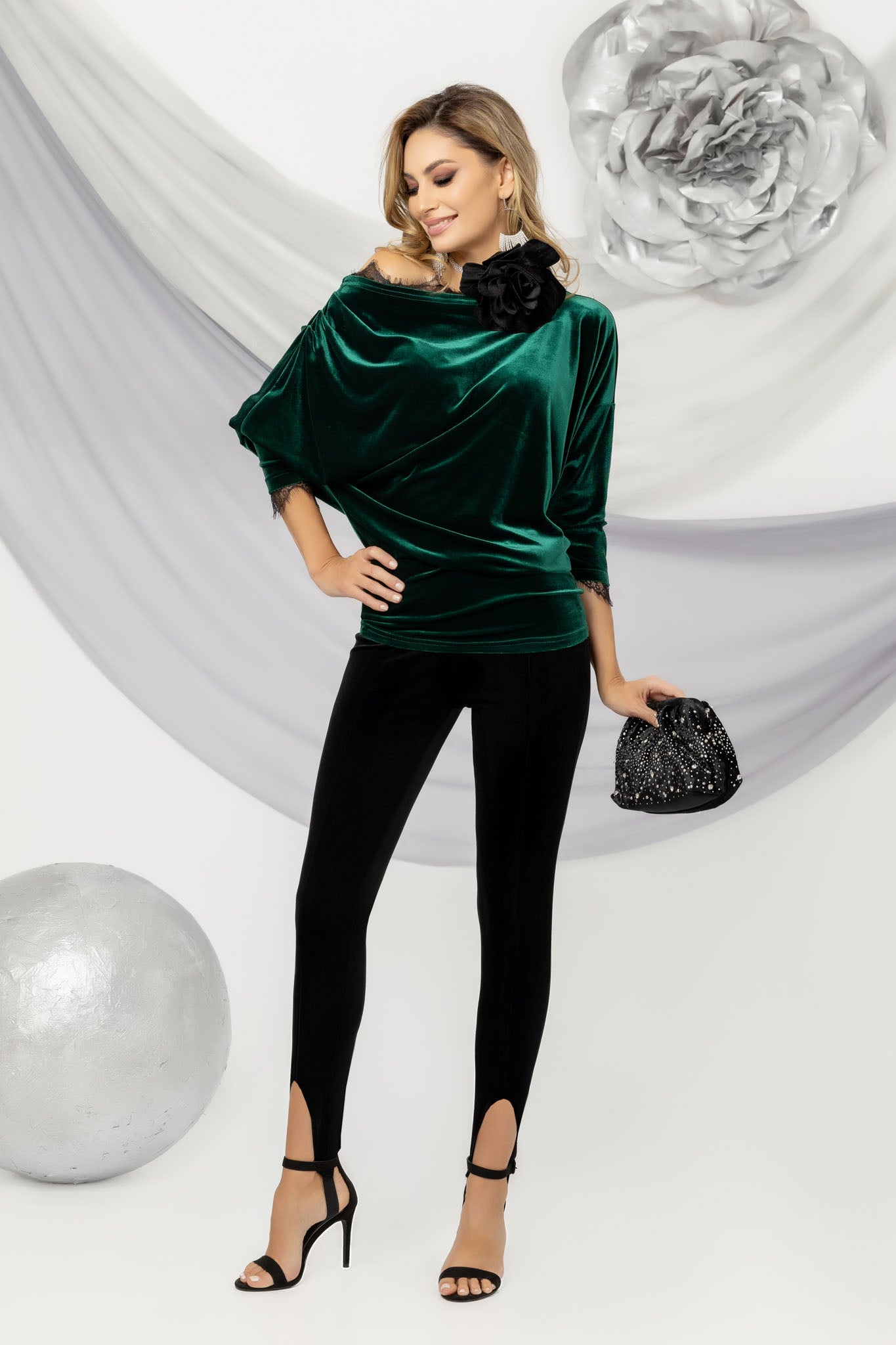 Green Asymmetrical Velvet Lace Blouse