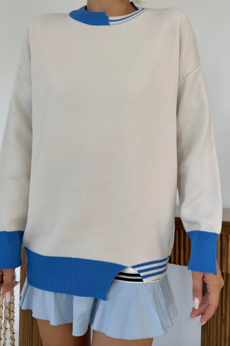 Blue Knitted Sweater With Collar And Cuff Garnish