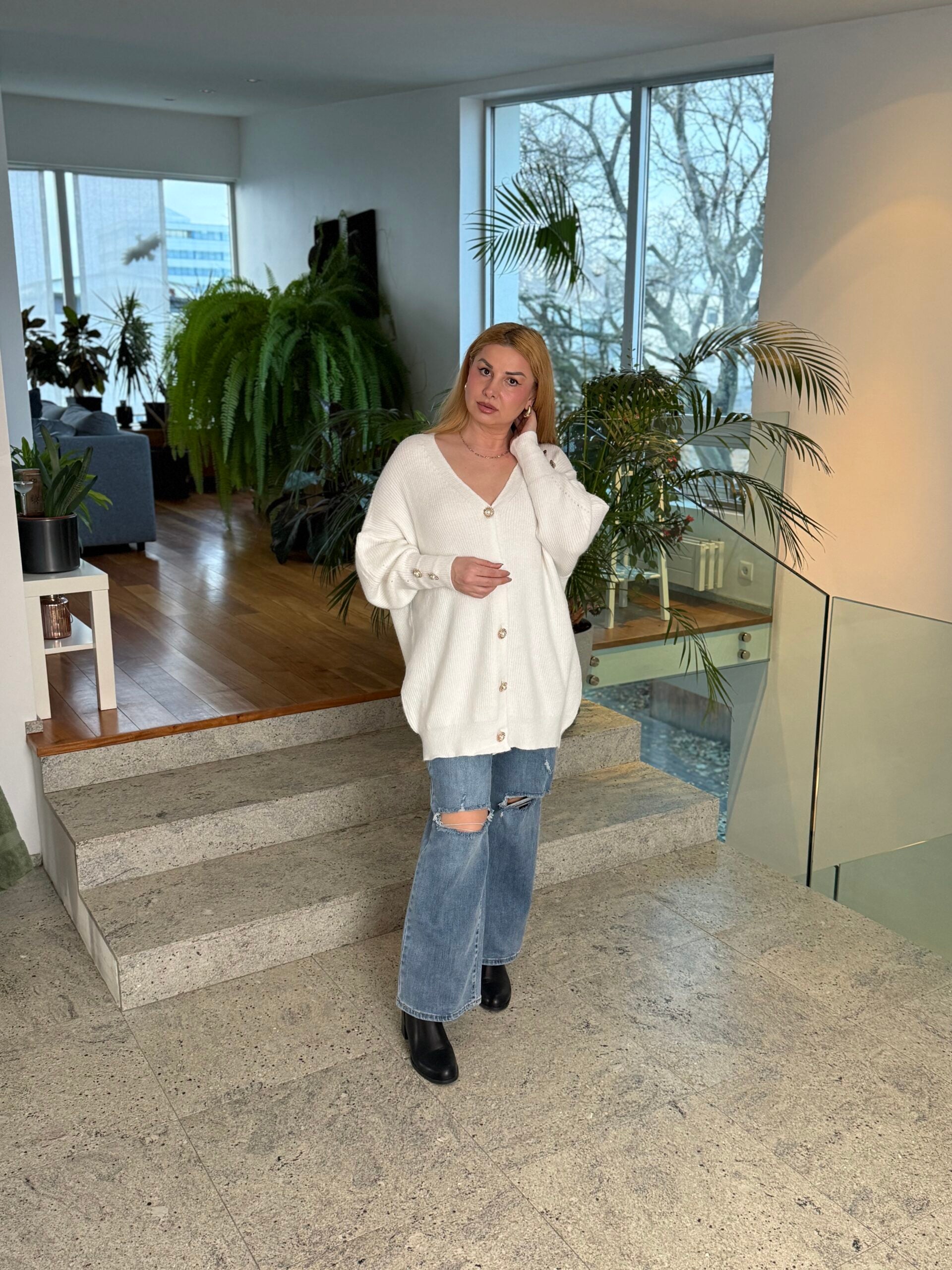 Oversized Pearl-Button White Cardigan