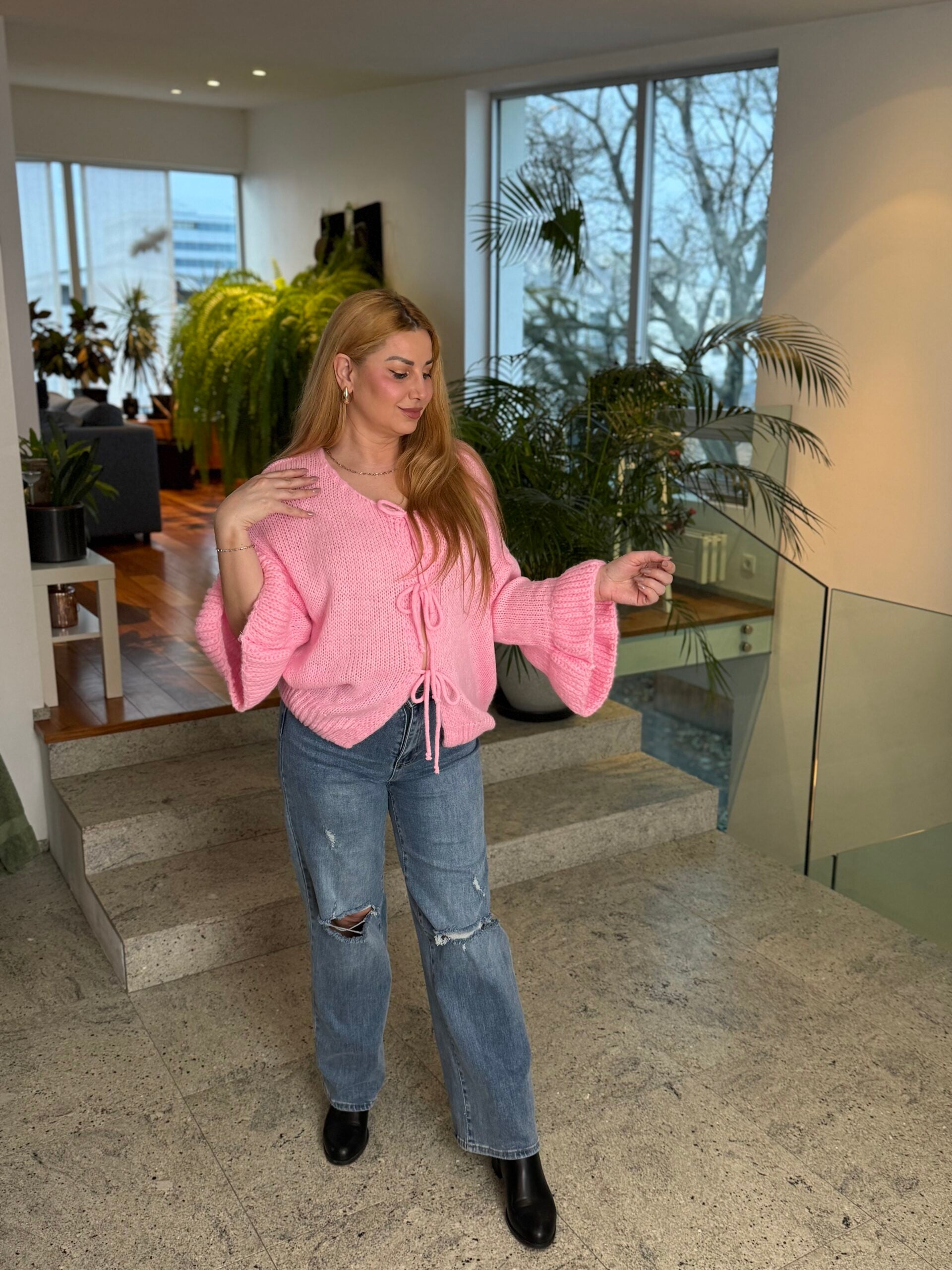 Soft Pink Tie-Front Knit Cardigan