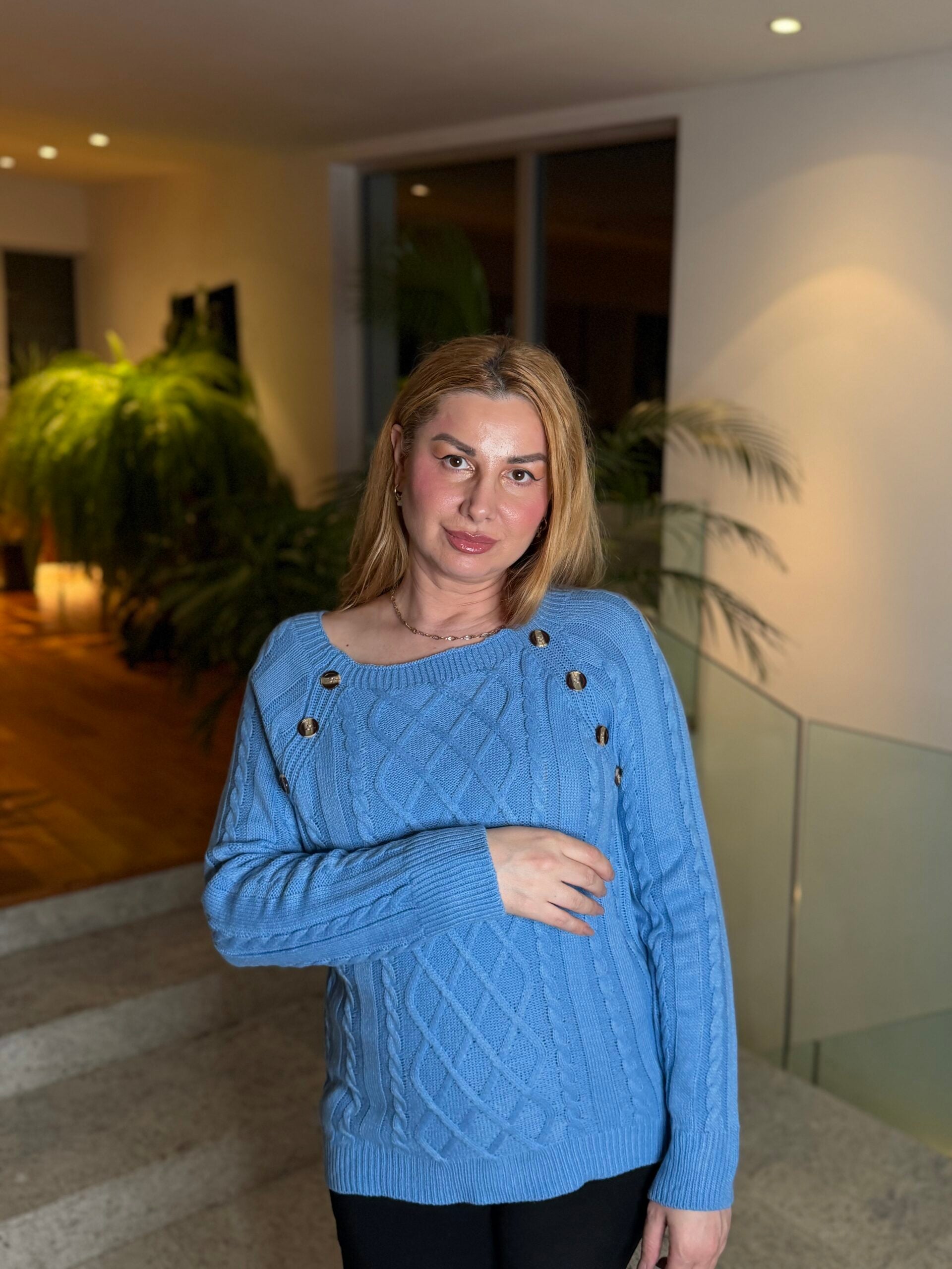 Cozy Blue Cable Knit Sweater with Button Details