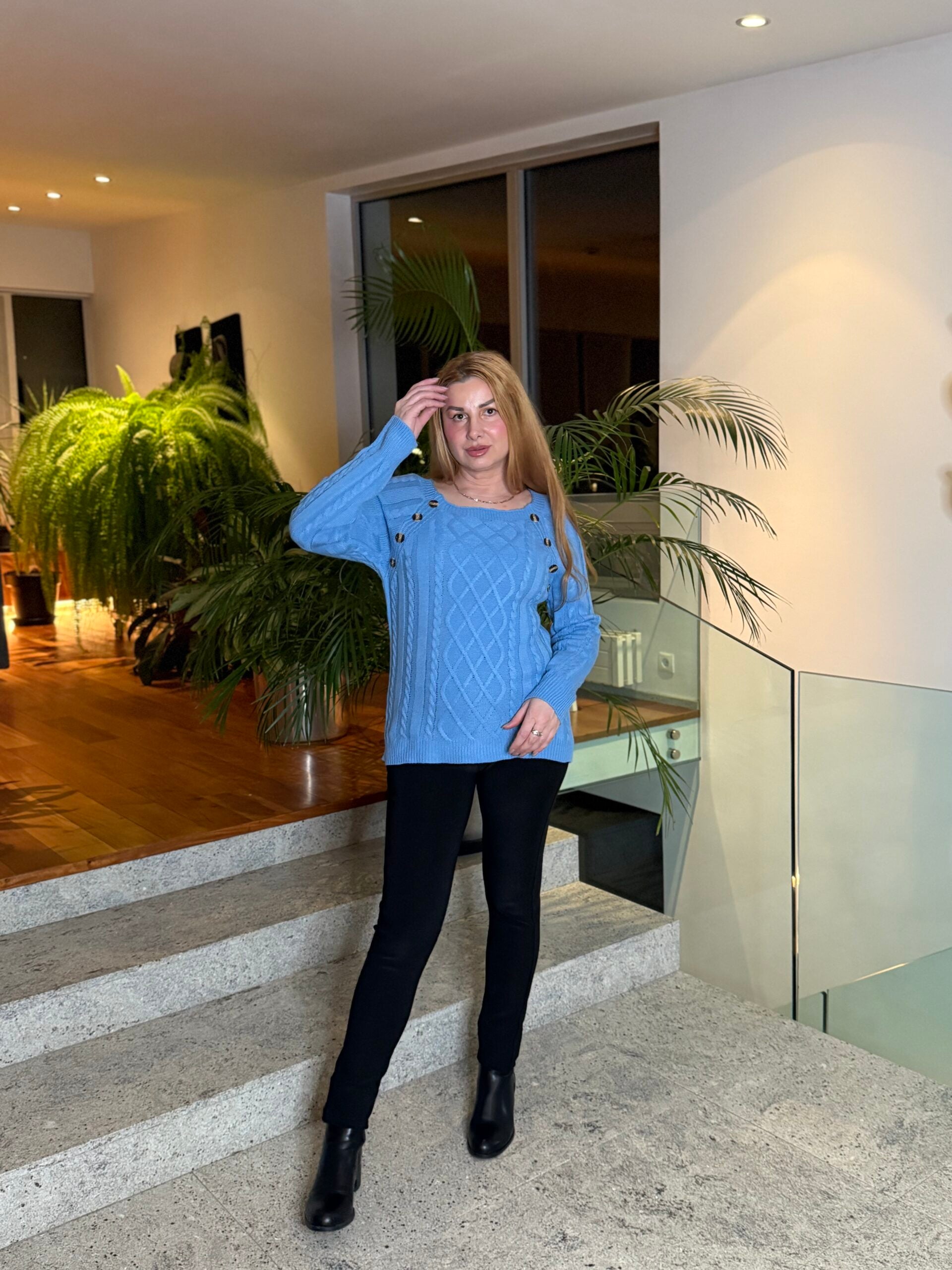 Cozy Blue Cable Knit Sweater with Button Details