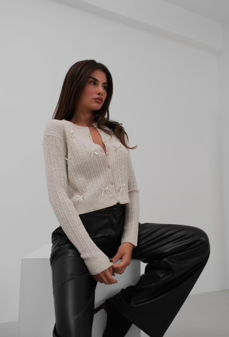 Ecru Cable-Knit Cardigan with Bow Accents