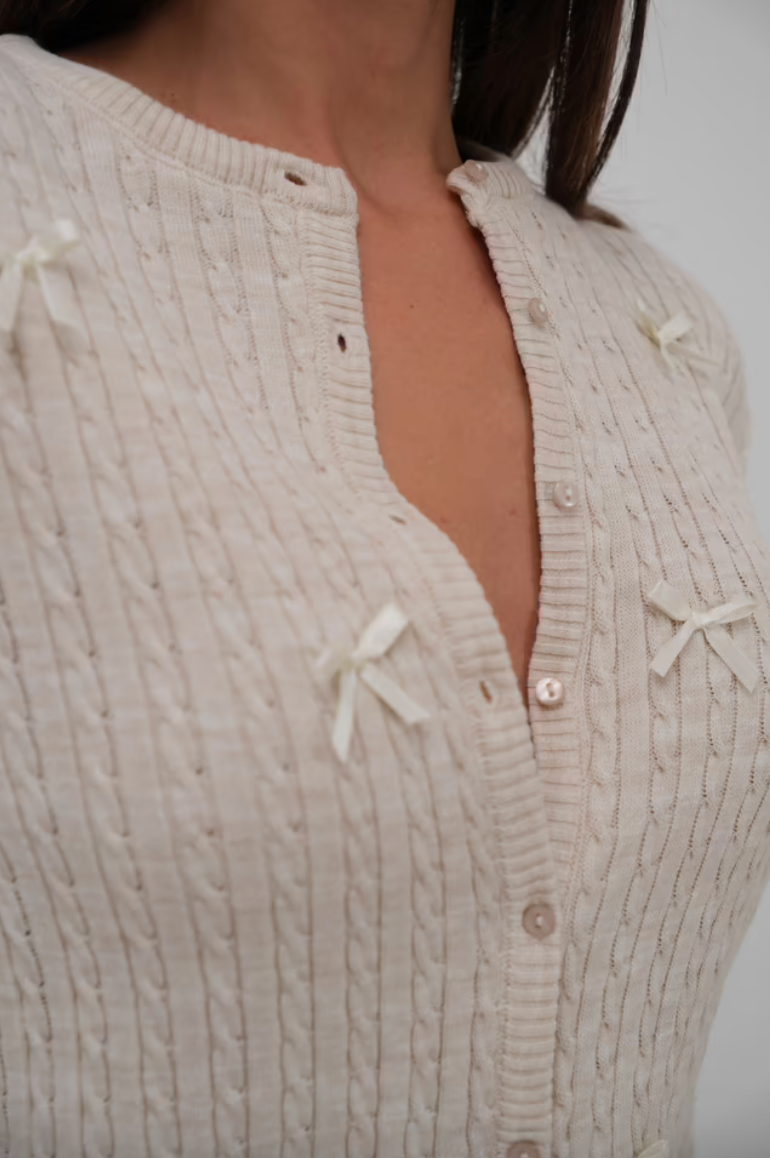Ecru Cable-Knit Cardigan with Bow Accents