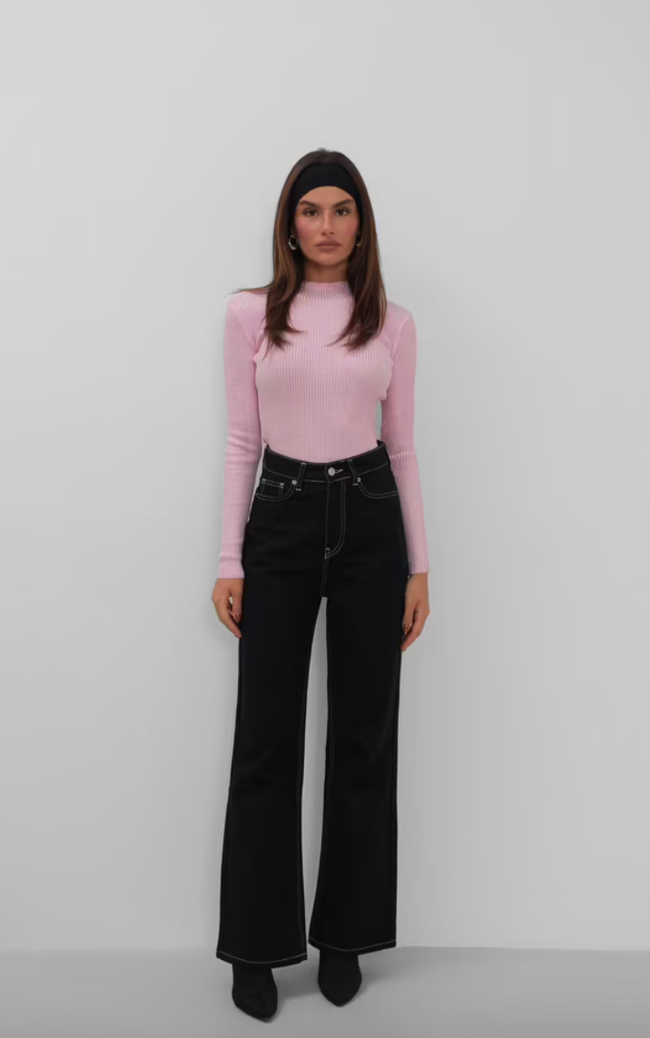 Pink Ribbed High-Neck Top