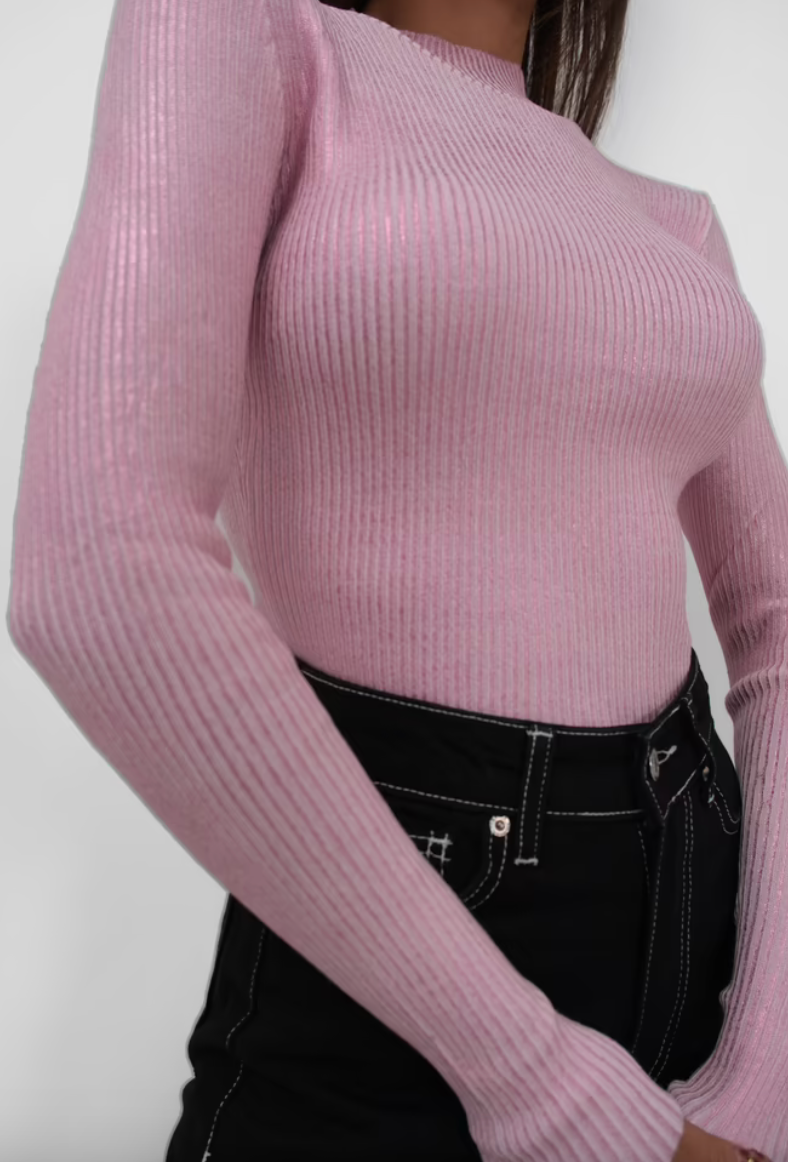 Pink Ribbed High-Neck Top