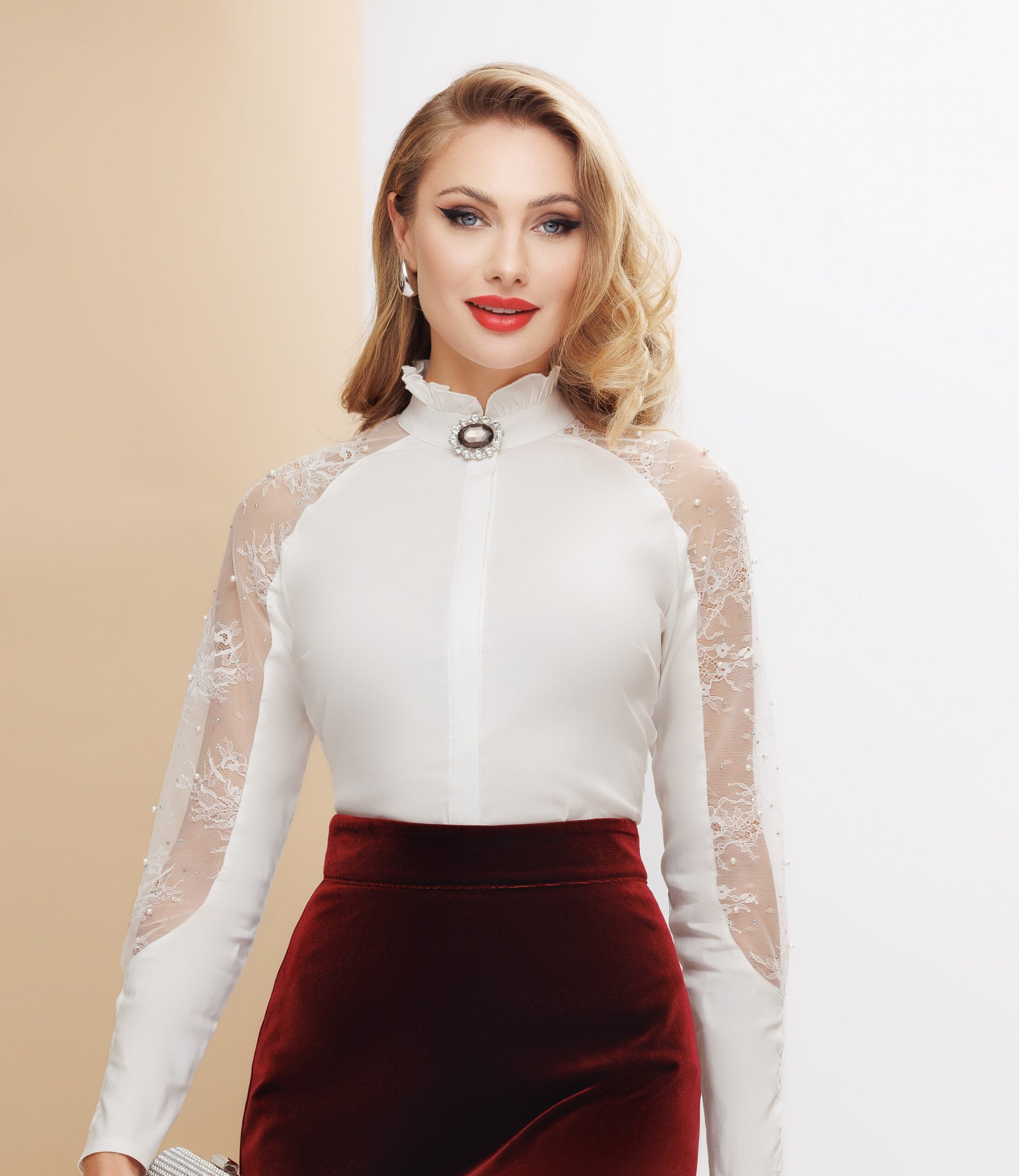 Elegant Women’s White Shirt With Premium Lace Sleeves Decorated With Pearls And Rhinestones