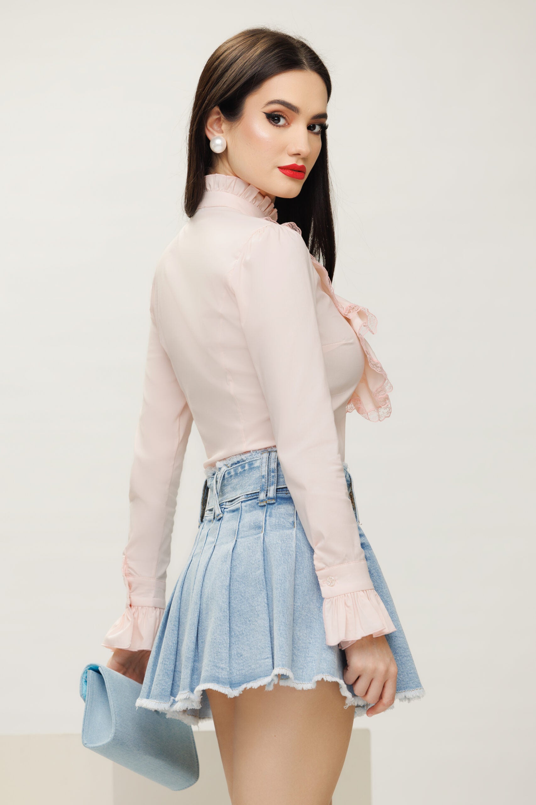 Premium Pink Women’s Shirt With An Elaborate Jabot Outlined In Lace And Rhinestone Buttons