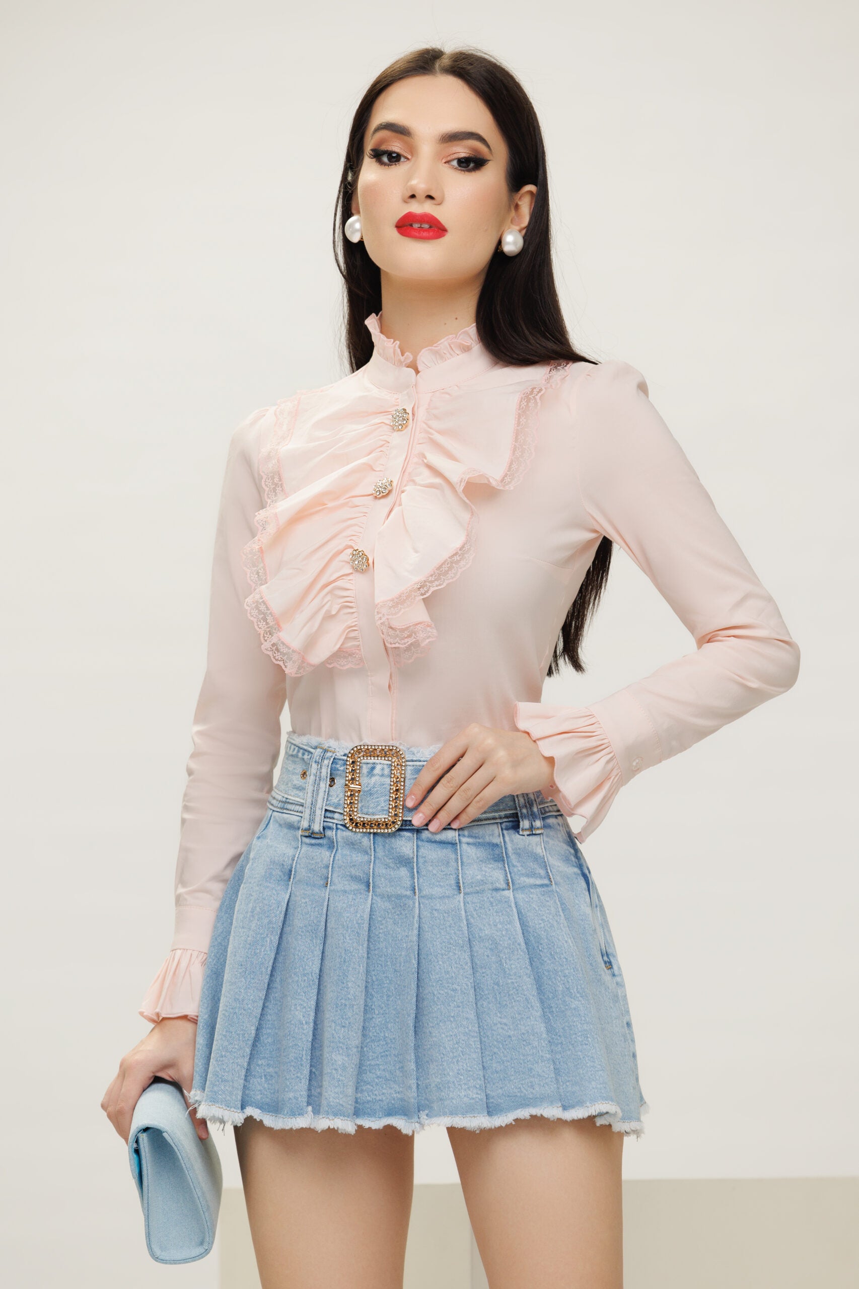 Premium Pink Women’s Shirt With An Elaborate Jabot Outlined In Lace And Rhinestone Buttons
