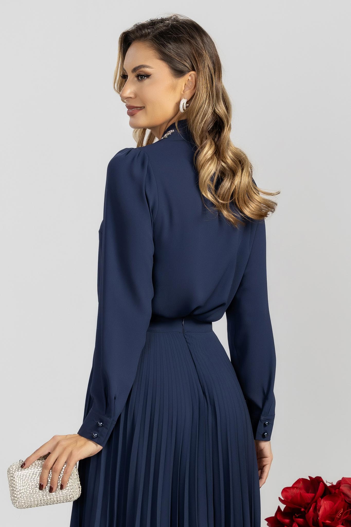 Navy Blue Chiffon Blouse With A Jabot And Crystal Appliqués On The Collar.
