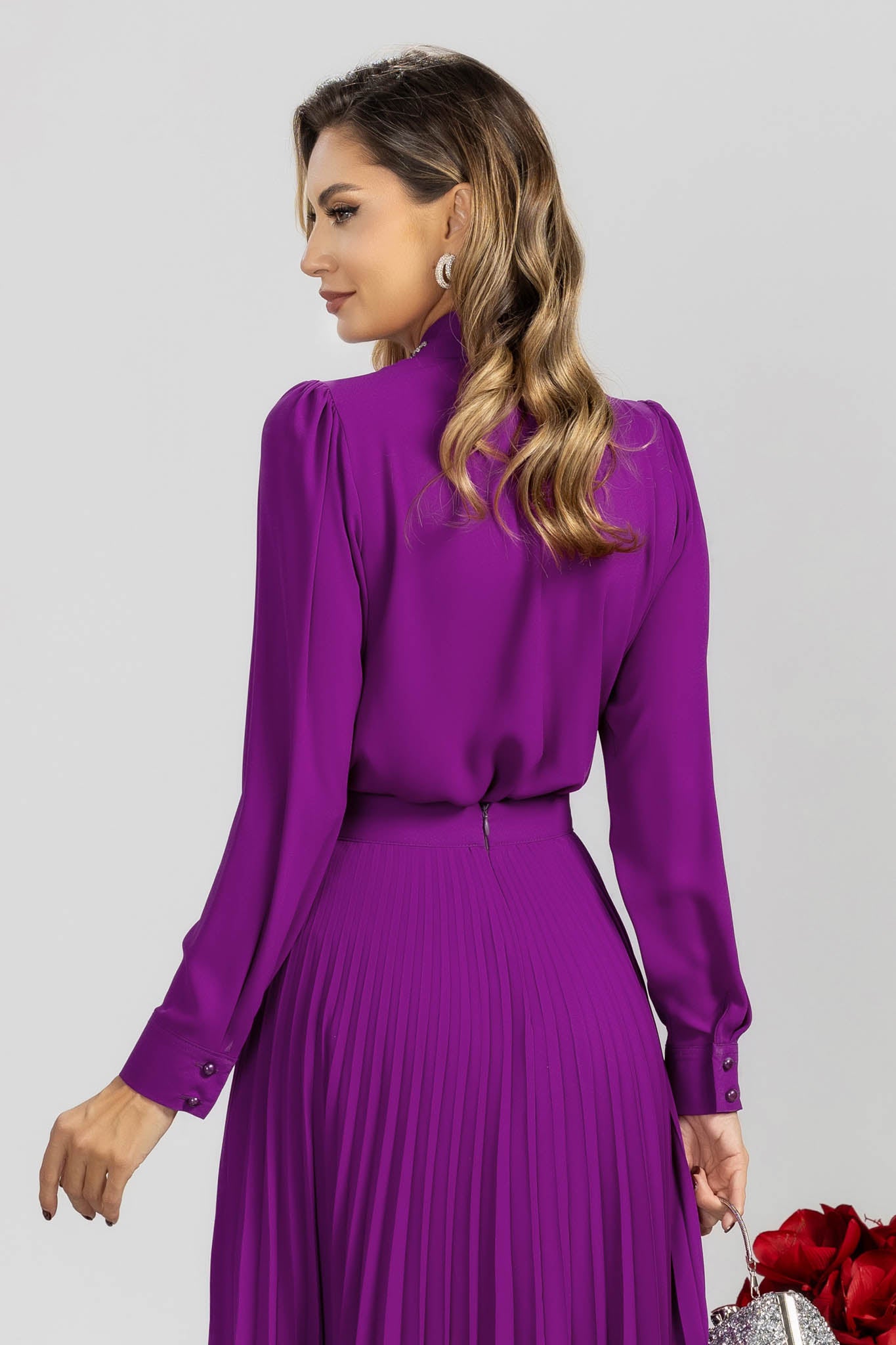 Magenta Chiffon Blouse With A Jabot And Crystal Appliqués On The Collar.