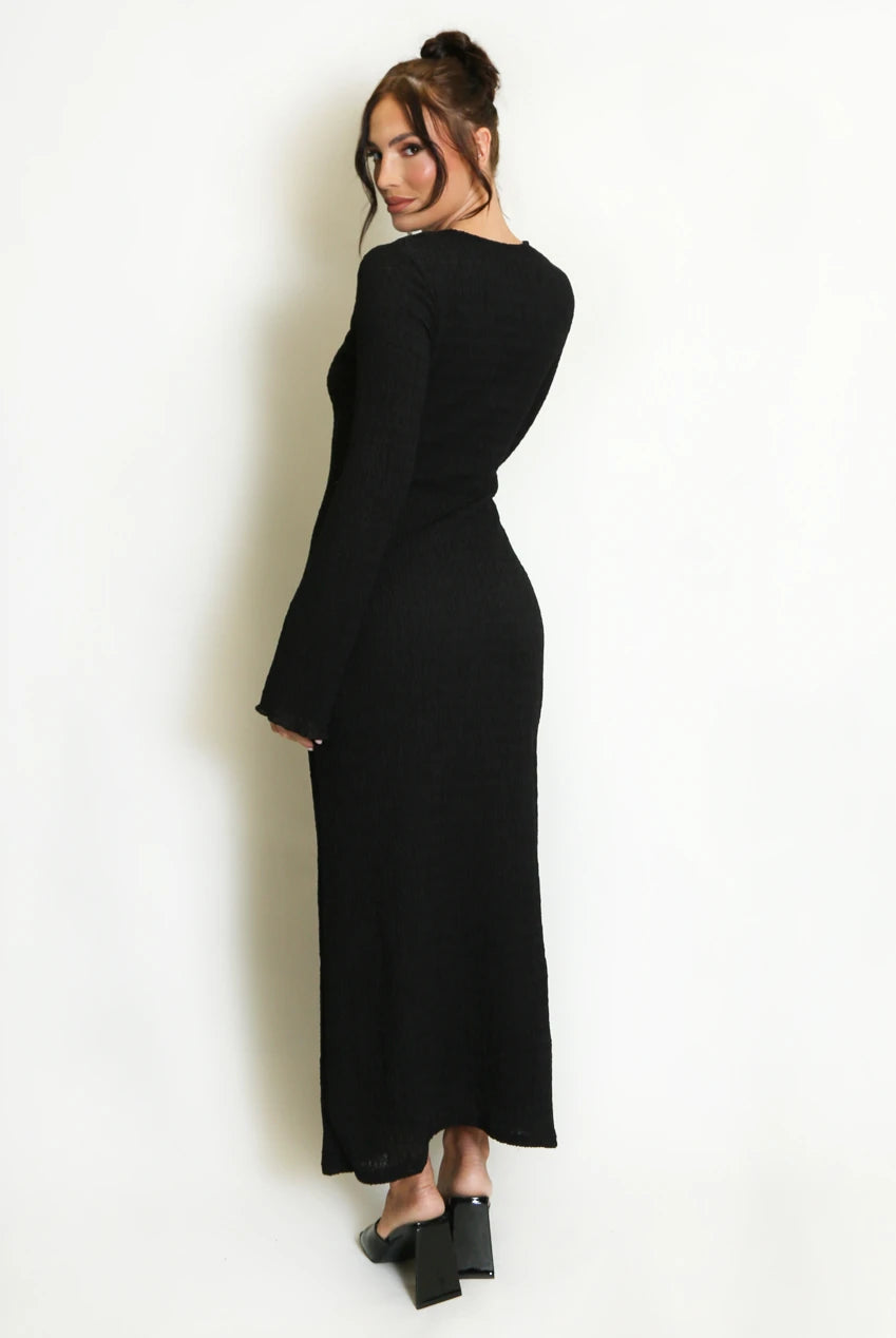 Black Textured V-Neck Maxi Dress with Sun Buckle Detail