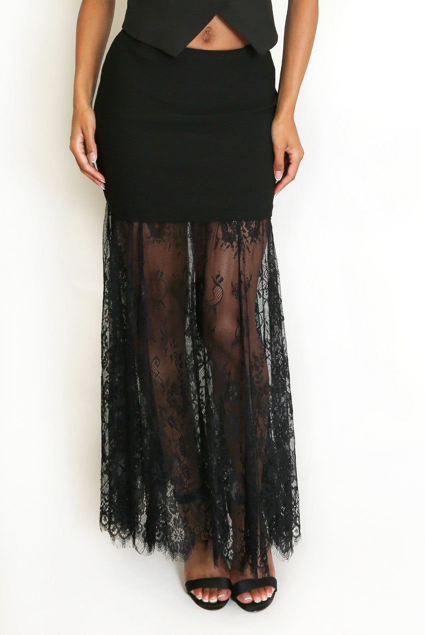 Black Midi Skirt With Lace and Sheer Elegant Flow