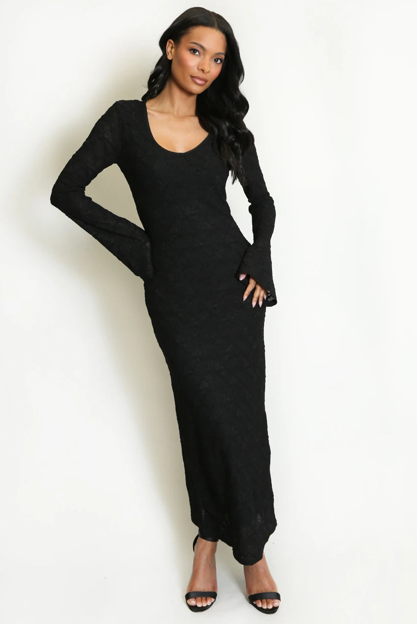 Black Textured Maxi Dress with V-Neck