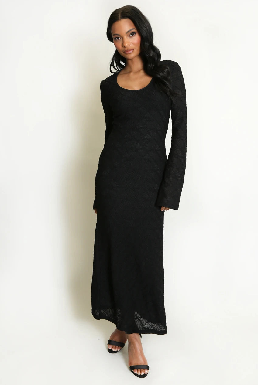 Black Textured Maxi Dress with V-Neck