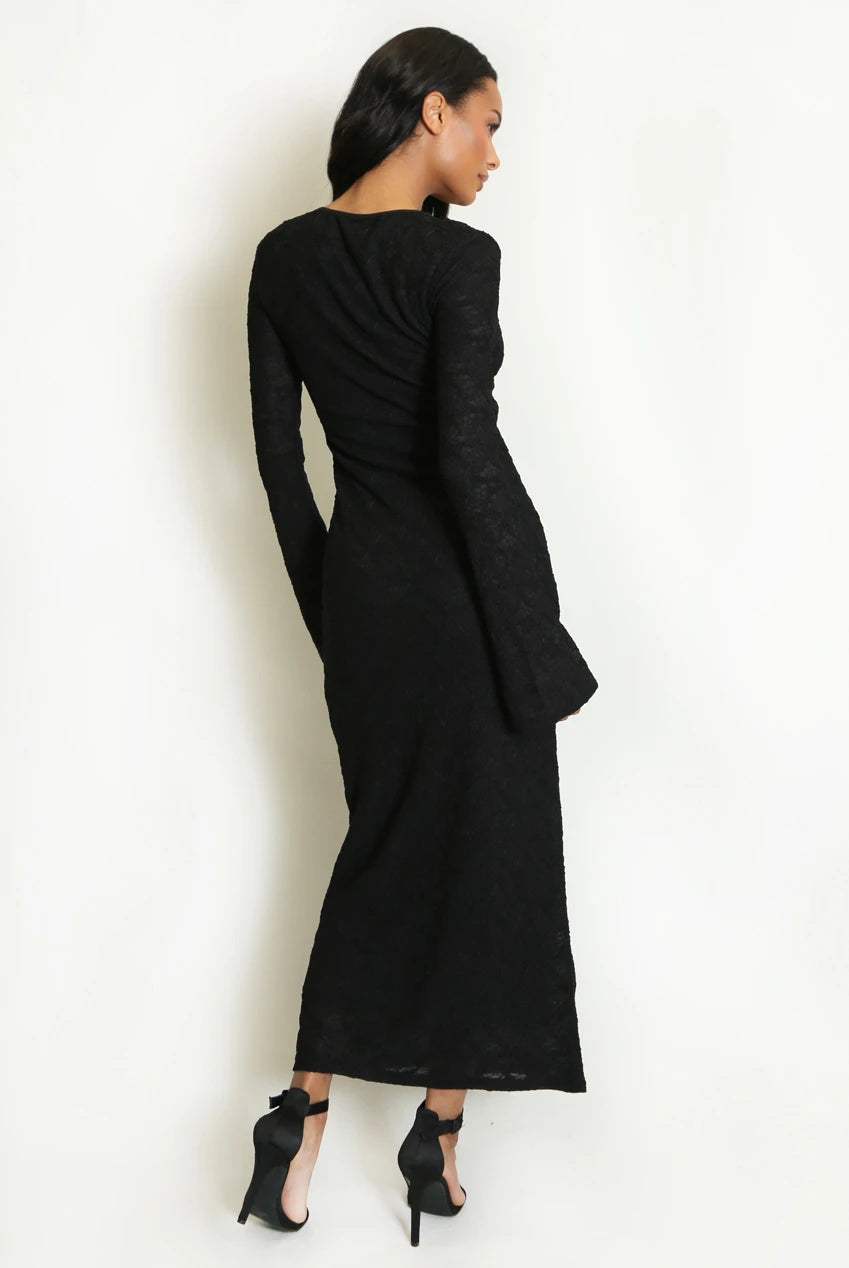 Black Textured Maxi Dress with V-Neck