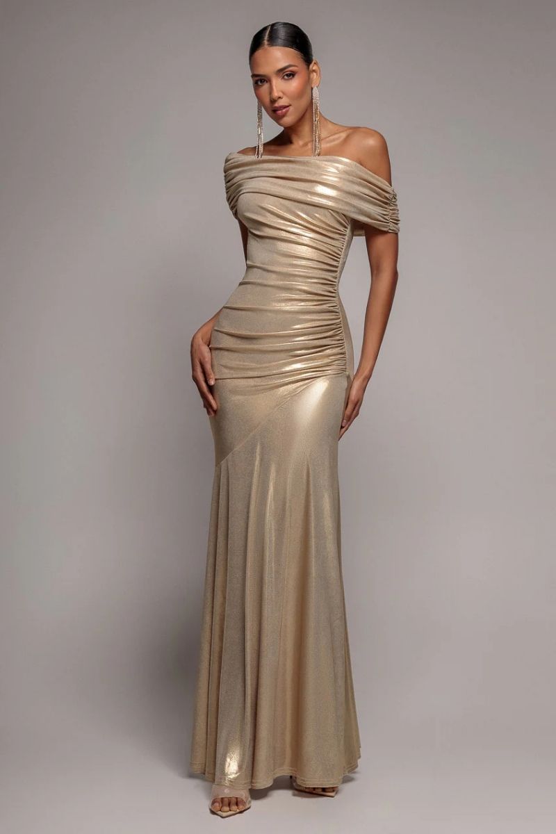 Gold Bardot Foil Maxi Dress – Elegant Off Shoulder Evening Gown