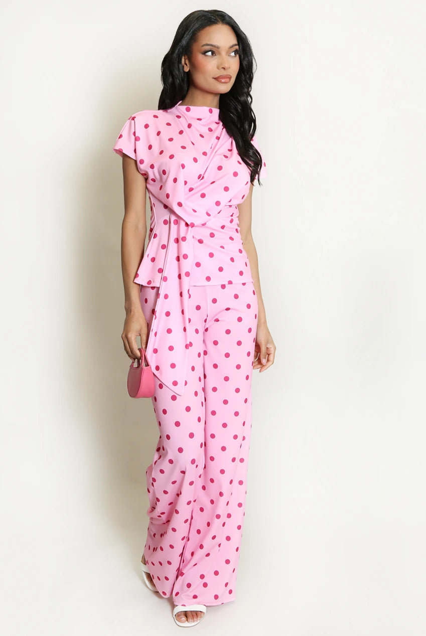 Pink Polka Dot Wrap Top & Straight-Leg Trouser Set