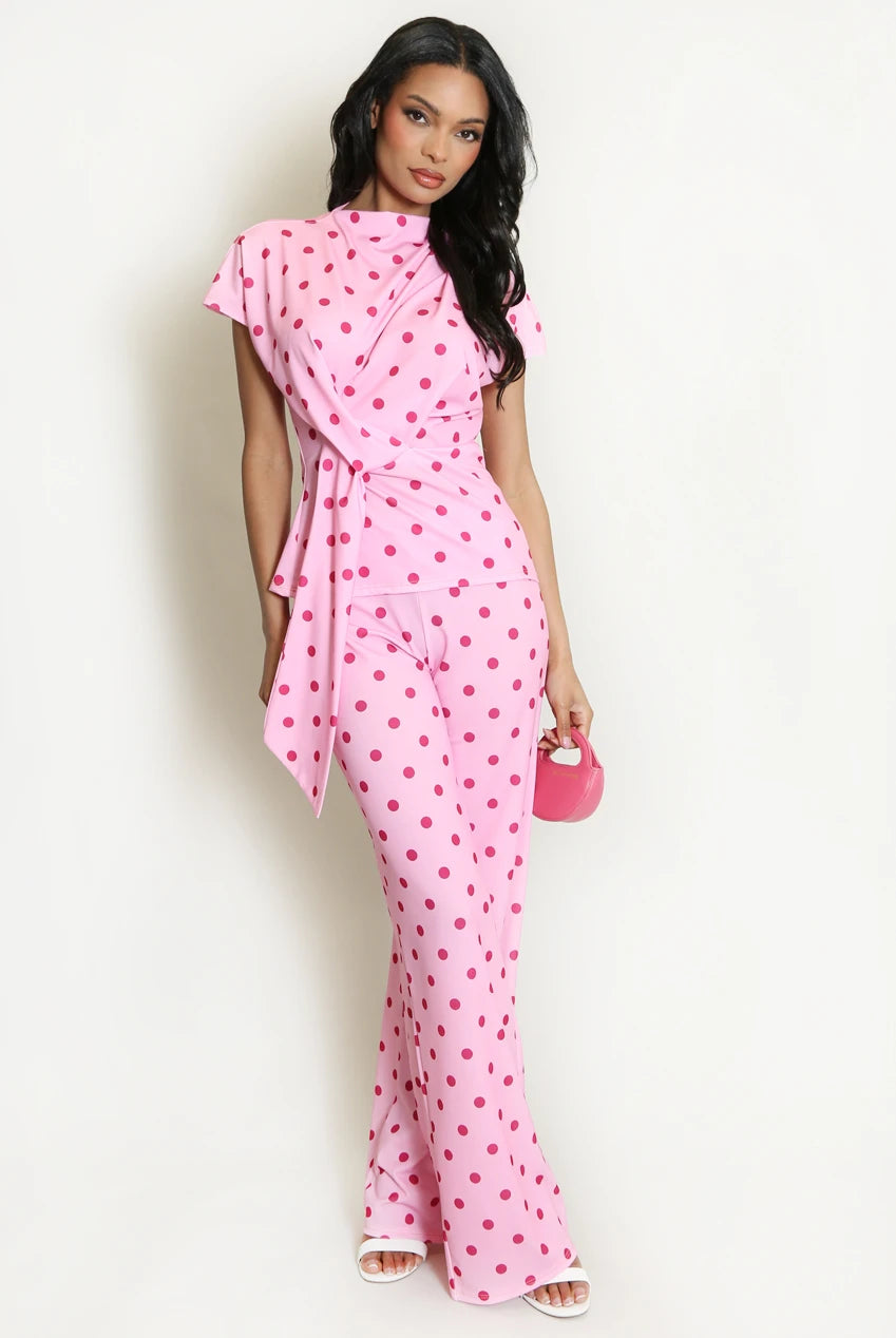 Pink Polka Dot Wrap Top & Straight-Leg Trouser Set
