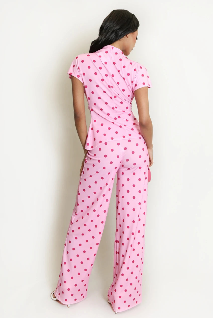 Pink Polka Dot Wrap Top & Straight-Leg Trouser Set
