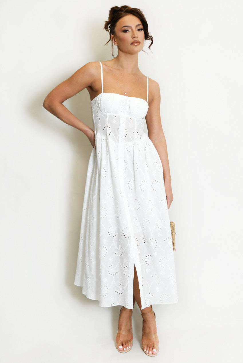 White Cotton Midi Dress with Embroidery