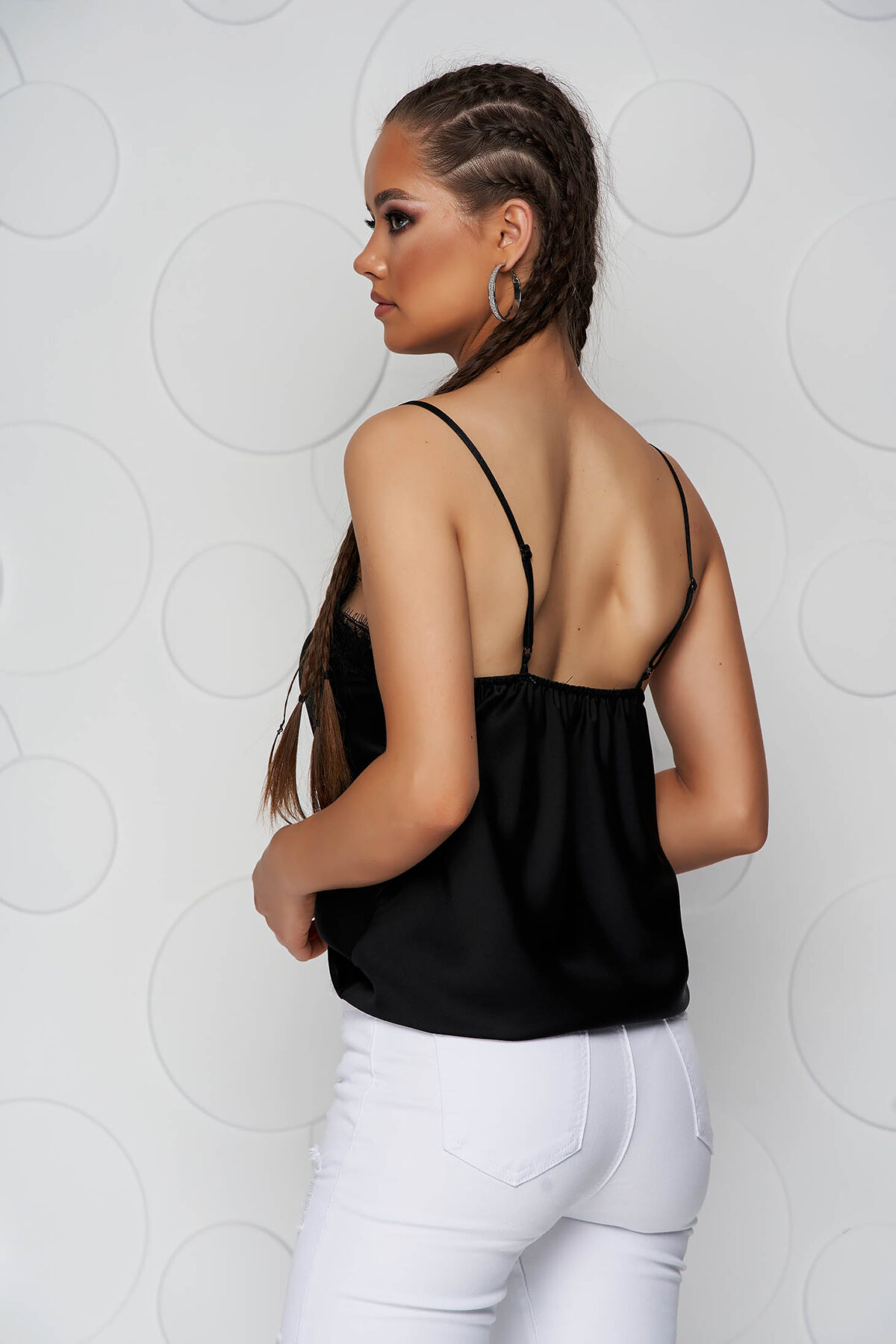 Black Top Shirt Loose Fit From Satin With Straps With Lace Details.