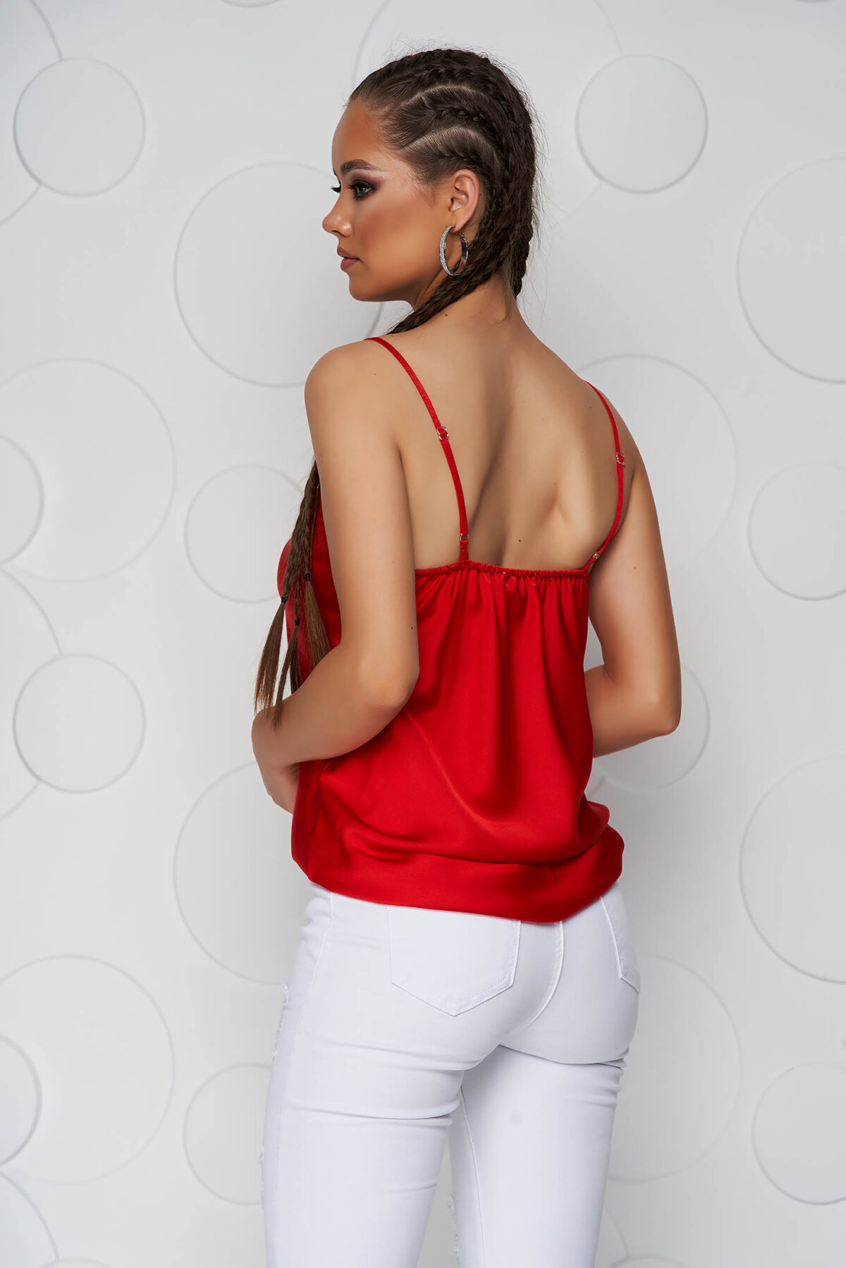 Red Top Shirt Loose Fit From Satin With Straps With Lace Details.