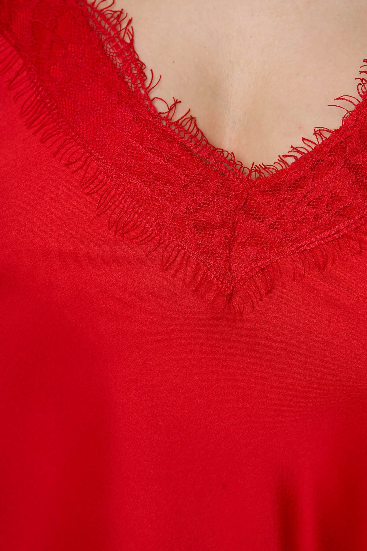 Red Top Shirt Loose Fit From Satin With Straps With Lace Details.